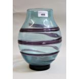 James Hogan for Whitefriars, glass oviform vase, trailed in mauve on a light blue ground, (small