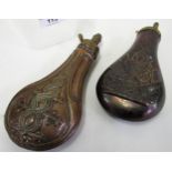 Two 19th Century copper powder flasks Dented and stiff spring. Please see further images.