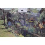 Impressionist style pastel drawing, figure in a garden, signed Bicat, 17cms x 23cms