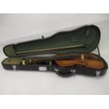 Violin (14in back) and bow in a fitted case, Please see further images