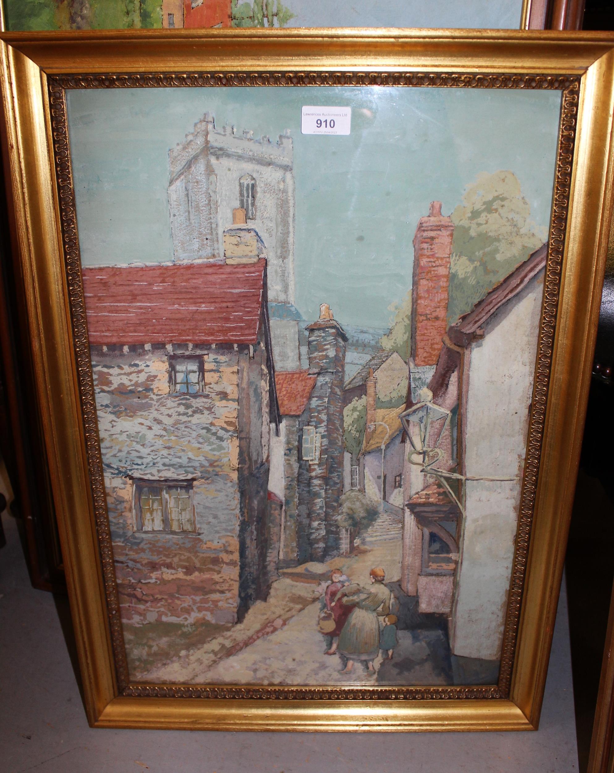 Thomas Rutter, watercolour, figures in a street scene, labelled verso, 58cms x 39cms, gilt framed - Image 2 of 2