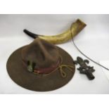 Scouting interest: Scout shop hat with leather band and badge, a cow horn inscribed ' 29th