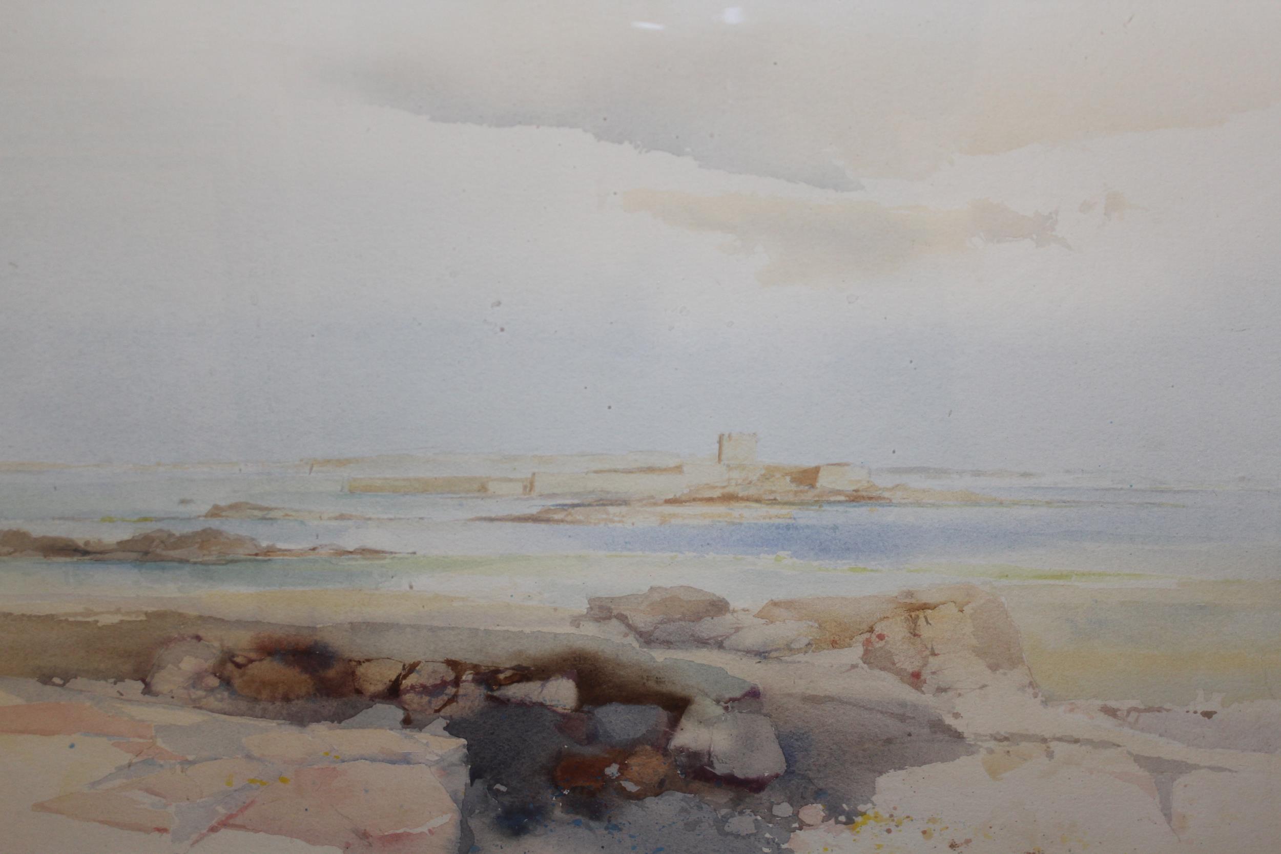 Frederick Sands, watercolour ' St. Aubin's Bay ', 40cms x 66cms approximately, signed, gilt framed