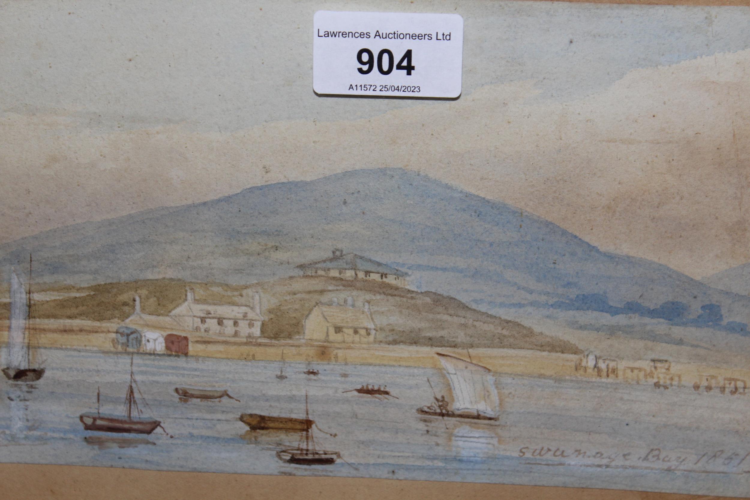 19th Century watercolour view of Swanage Bay 1851, signed J.B., 13cms x 22cms, gilt framed