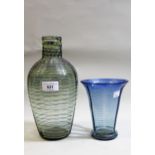 Whitefriars blue trailing glass, flared rim vase, 15cms high, together with a similar bottle vase,