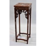 Chinese hardwood mother of pearl inlaid vase stand, 95cms high x 33cms square