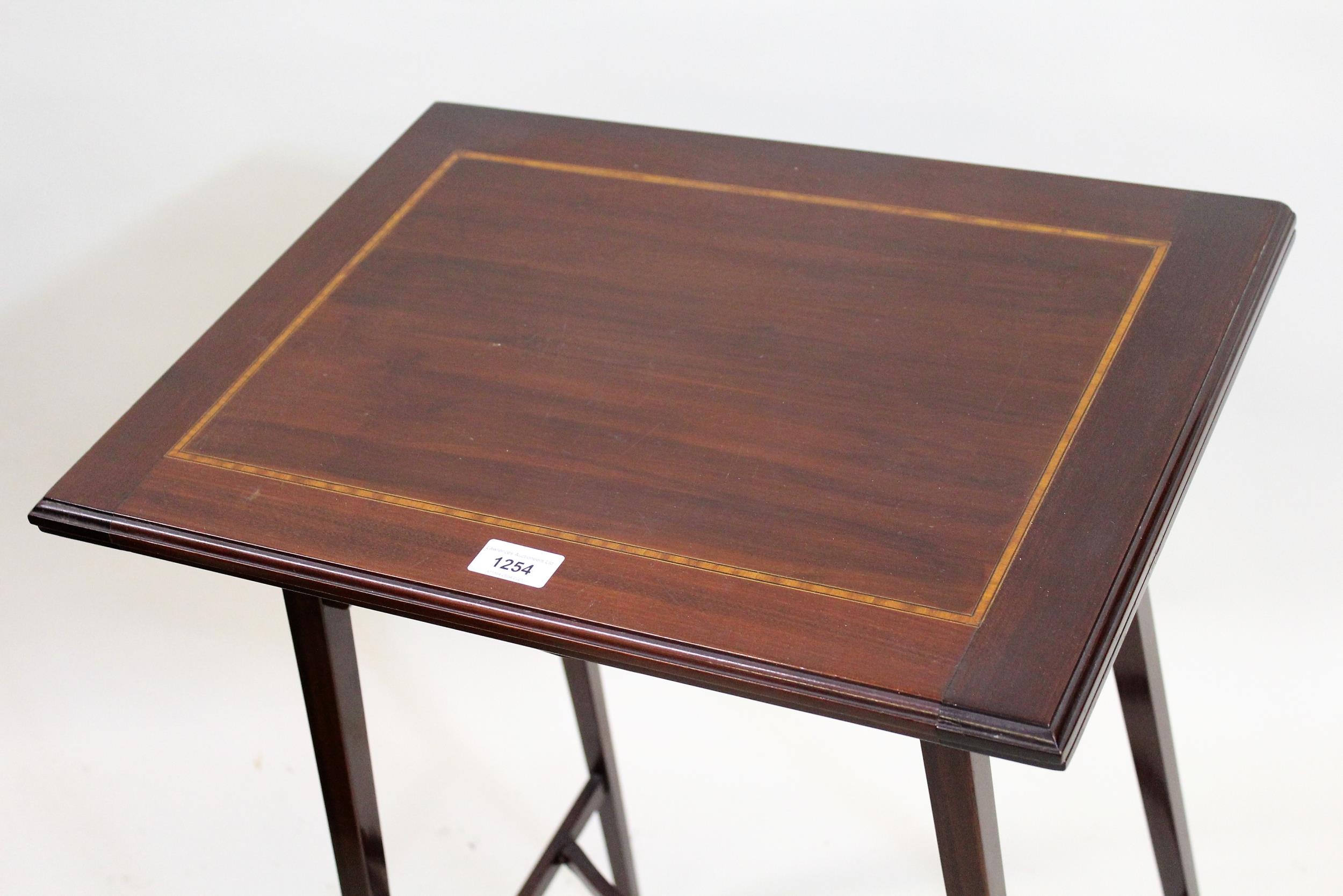 Edwardian mahogany crossbanded and inlaid fold-over card table, with baize lined interior, raised on - Image 2 of 3
