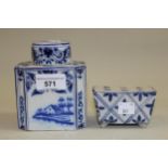 Delft blue and white teapoy with cover, decorated with a river scene and landscape, together with