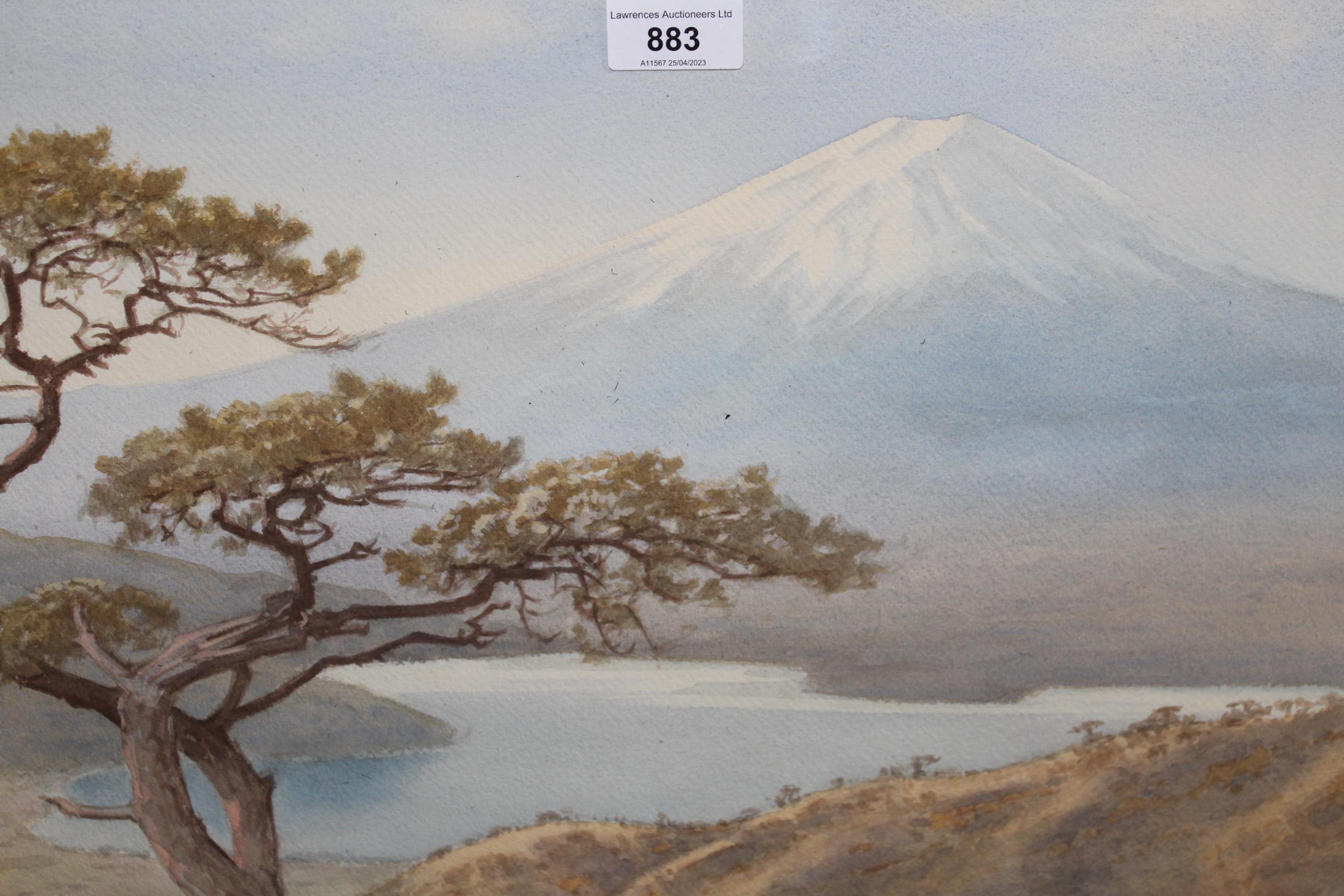 Tananchi, Japanese school watercolour, study of lake scene with Mount Fuji to the background,