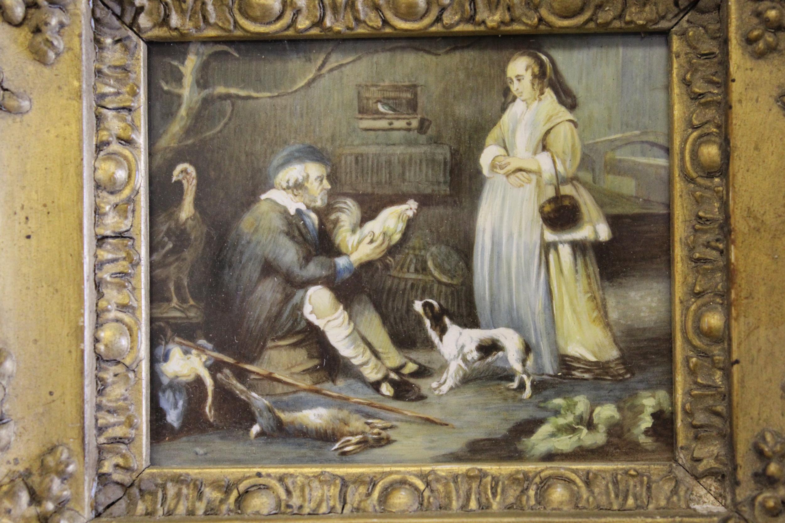 Antique miniature painting on opaque glass, study of a lady and gentleman with dog and game