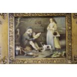 Antique miniature painting on opaque glass, study of a lady and gentleman with dog and game