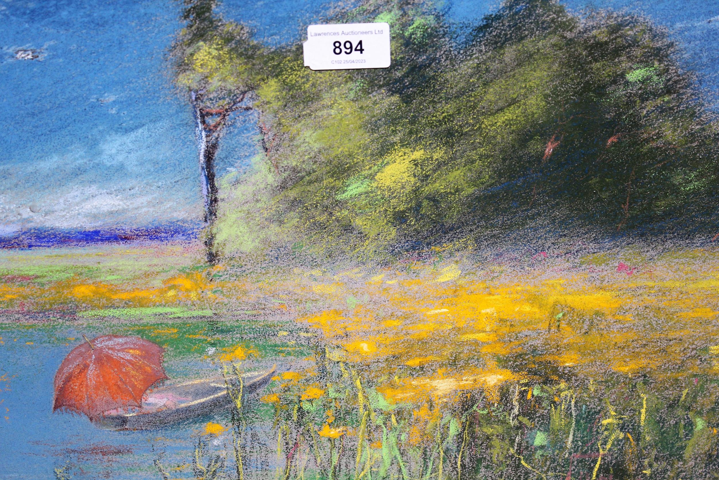 Pastel study of a lake scene with figure in a boat, signed indistinctly, 29cms x 44cms, gilt framed