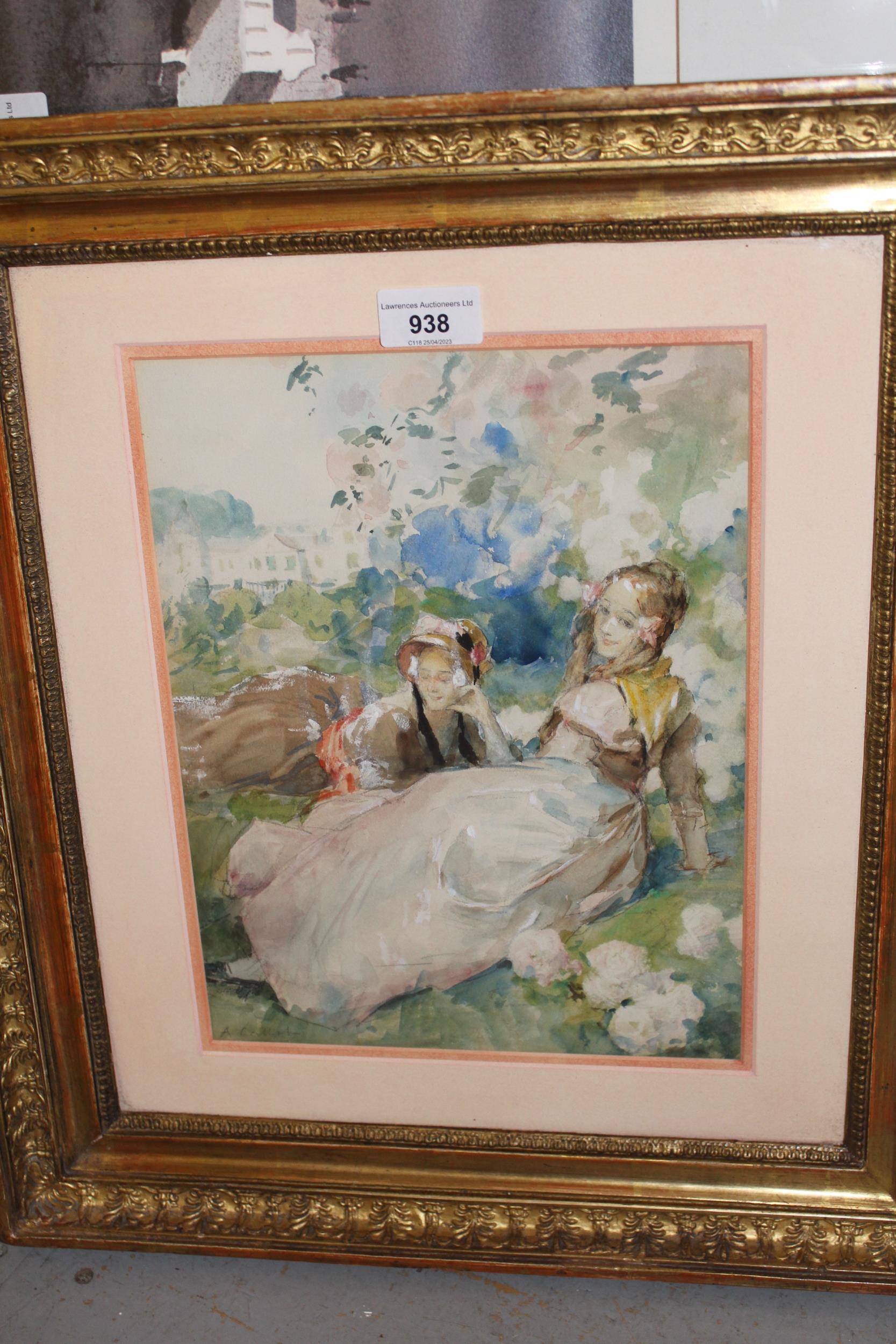 Antoine Calbet, signed watercolour and gouche, two young ladies resting in a garden landscape, 30cms - Image 2 of 2