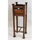 Shapland & Petter style oak copper mounted square form jardiniere stand, 96cms high x 34cms square