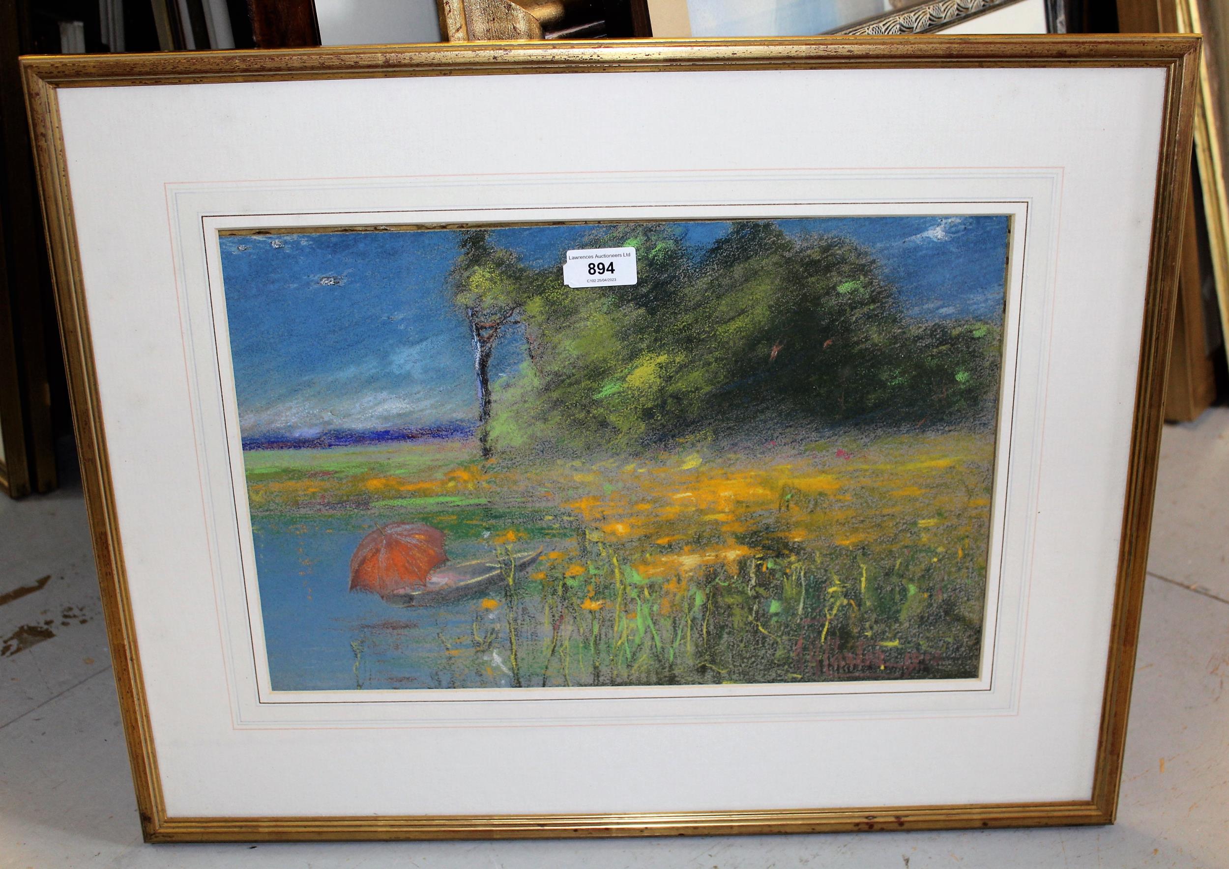 Pastel study of a lake scene with figure in a boat, signed indistinctly, 29cms x 44cms, gilt framed - Image 2 of 2