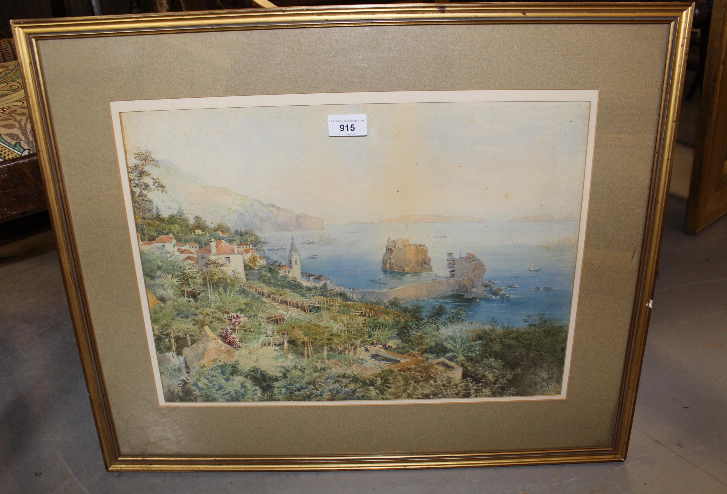 Nicholas Cheralier, watercolour, view of Madeira with various shipping, signed and dated 1887, - Image 2 of 2