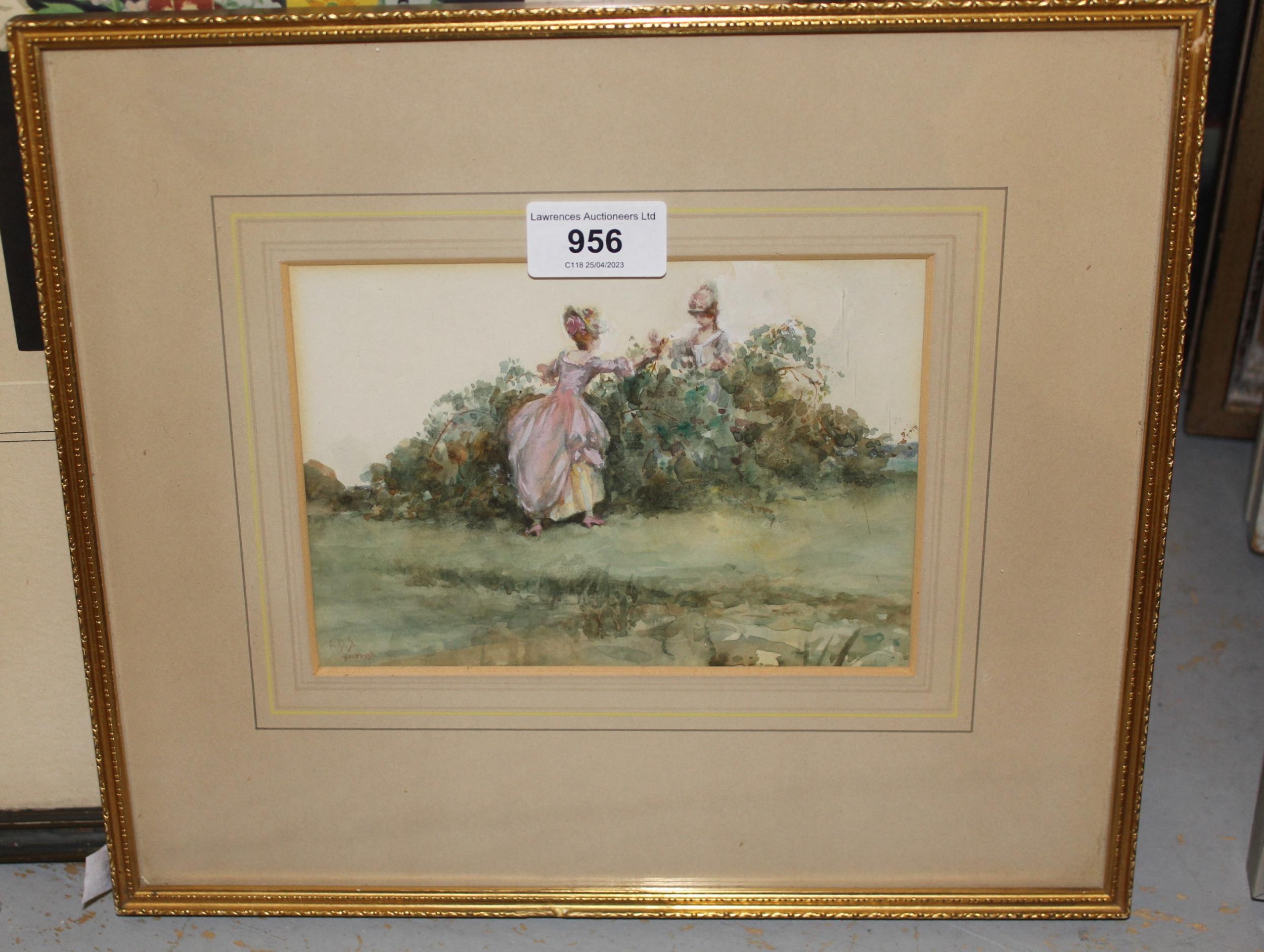 A. Brantington-Simpson, monogrammed watercolour and gouache, two ladies picking berries in a - Image 2 of 2