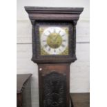 19th Century oak longcase clock the brass dial with silvered chapter ring, subsidiary seconds and