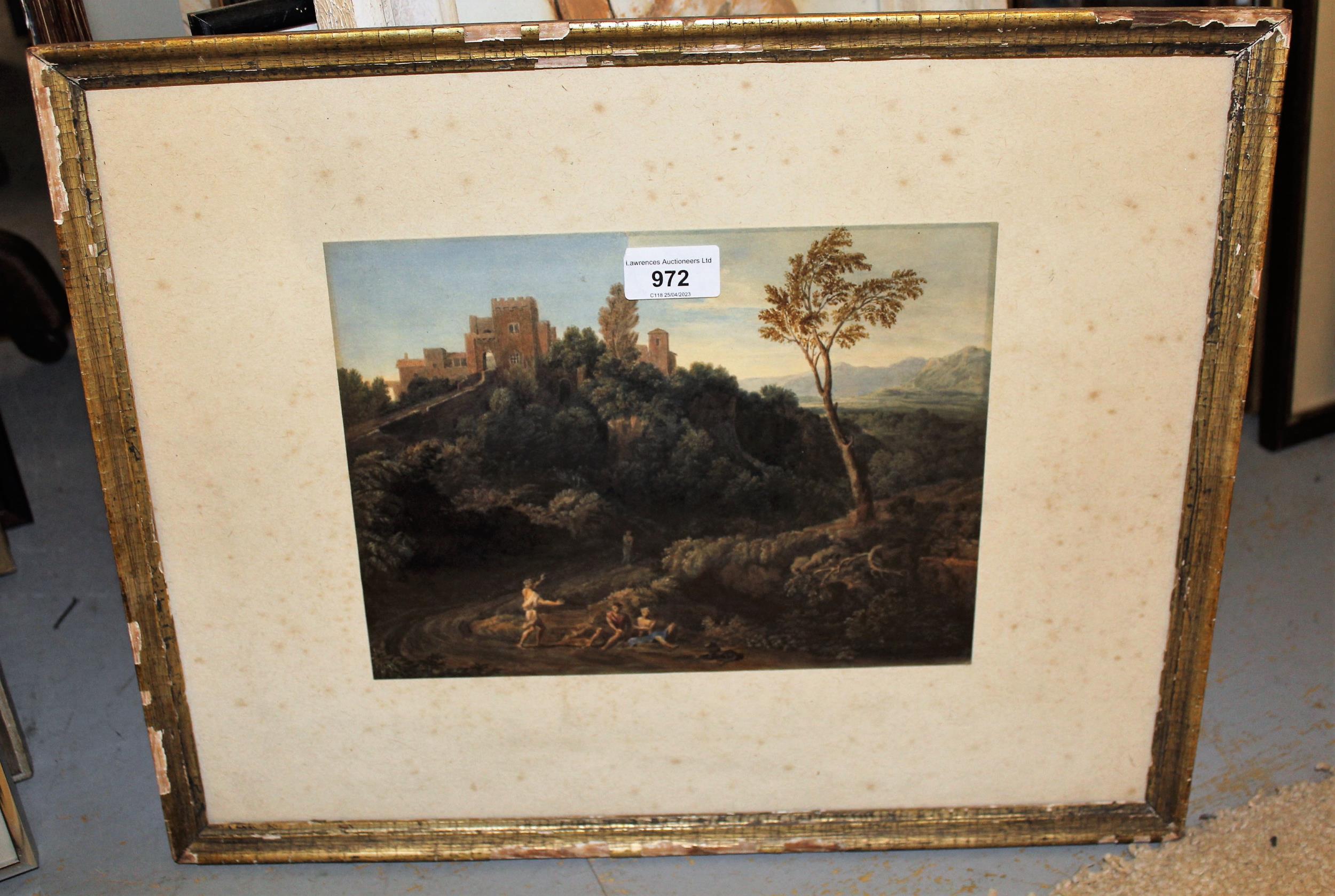 18th / 19th Century watercolour, classical landscape with hilltop castle and figures to - Image 2 of 2