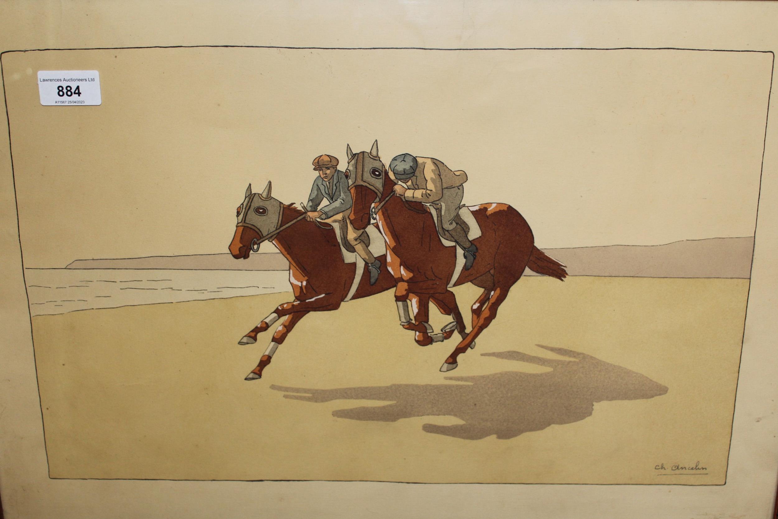 Charles Ancelin, lithograph, racehorses exercising on the beach, 37cms x 54cms, gilt framed