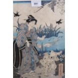 Toyokuni, Japanese woodblock print, a mother and child by a lake, 35cms x 25cms, framed