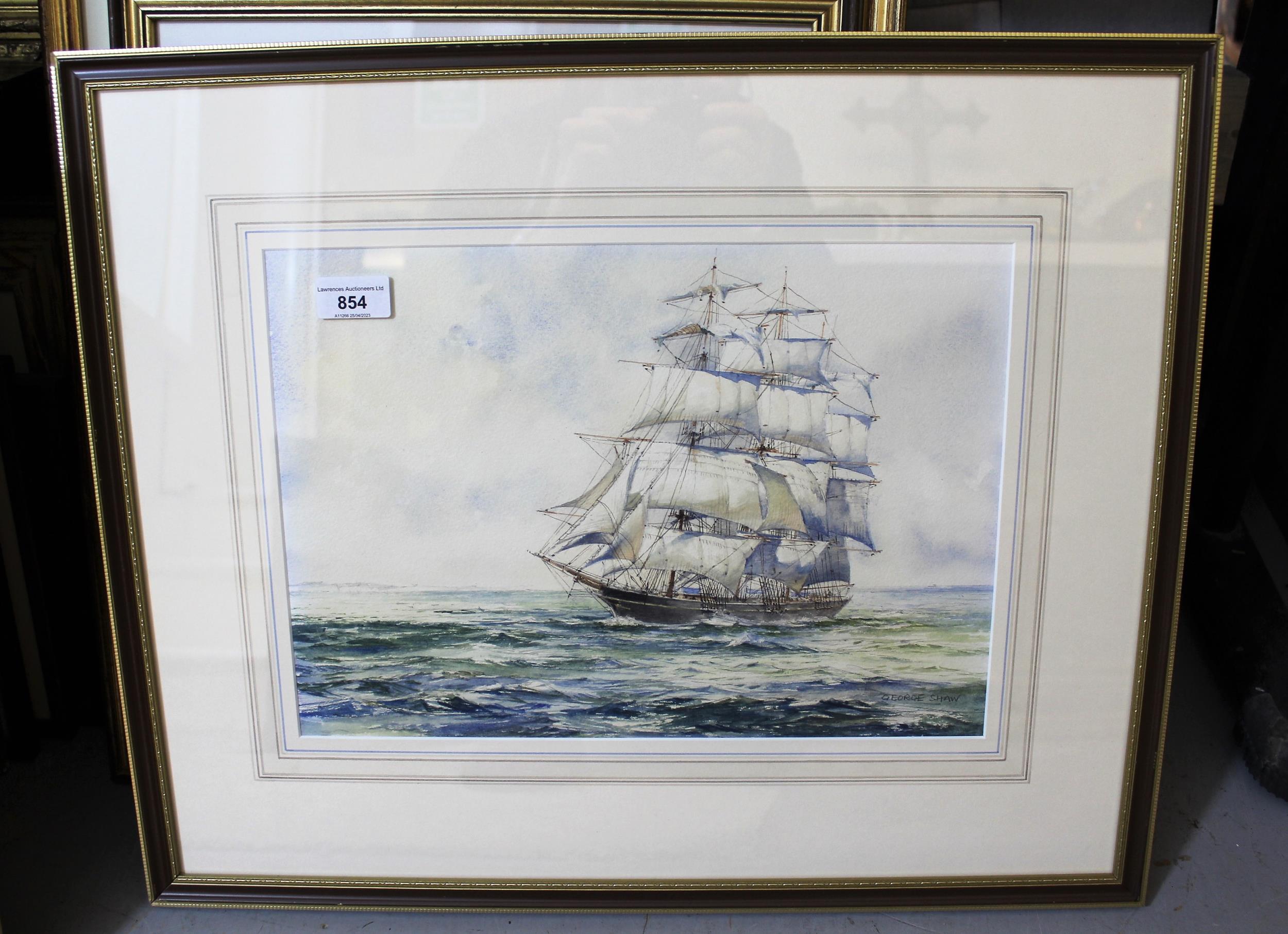 George Shaw, watercolour, ' Red Jacket - American Clipper ', signed, 26.5cms x 38cms, framed - Image 2 of 2