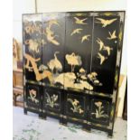 20th Century Chinese black lacquered four-fold screen, applied with soapstone and depicting cranes