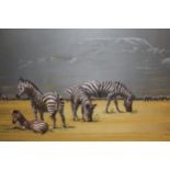 Judith Rodker, silkwork picture, zebra in a landscape, 38cms x 60cms, framed, together with