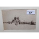 Attributed to David Muirhead Bone, sepia ink drawing ' Cambridgeshire ', unsigned, 10cms x 16cms, in