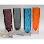 Whitefriars group of four square glass Bark vases, in various colours, 17cms high Minute corner
