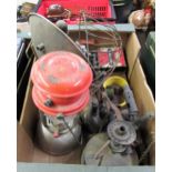 Box containing a quantity of various blow torches, Tilley lamp and other miscellaneous items