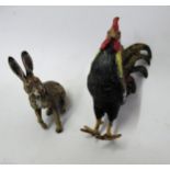 Austrian cold painted bronze figure of a rooster and another of a hare No markings