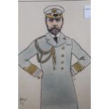 John Hassall, ink and watercolour, portrait of King George V wearing Naval uniform, part of an