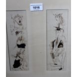 Ronald Searle, pair of framed black and white ink and wash sketches for St Trinians, monogrammed R.