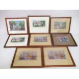 Eight small framed 1950's machine woven silk pictures, including the Coronation, Sulgrave Manor etc.