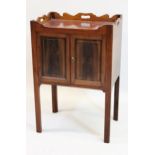 Mahogany tray top side cabinet with two panelled doors and inlaid decoration on square chamfered