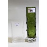 Whitefriars green raised bubble glass cylindrical vase, 17.5cms high, together with a Whitefriars