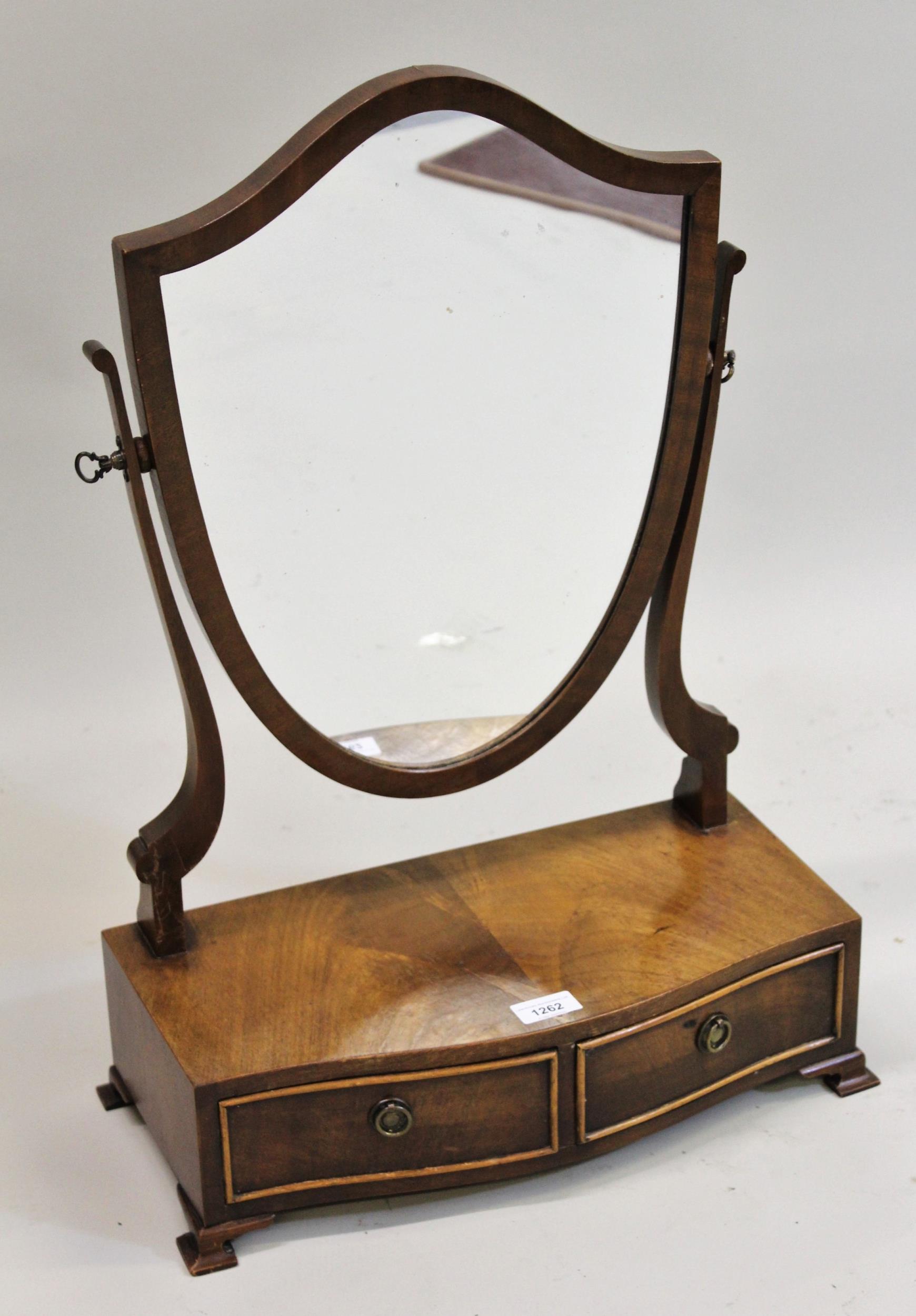 Reproduction mahogany shield shaped swing frame box toilet mirror with two drawer base