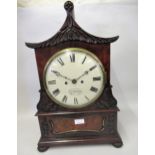 19th Century flame mahogany pagoda topped bracket clock having circular painted dial, with Roman