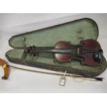 Violin bearing Stradivarius label with bow, in a fitted case (14in back) Lupot is on bow Back of