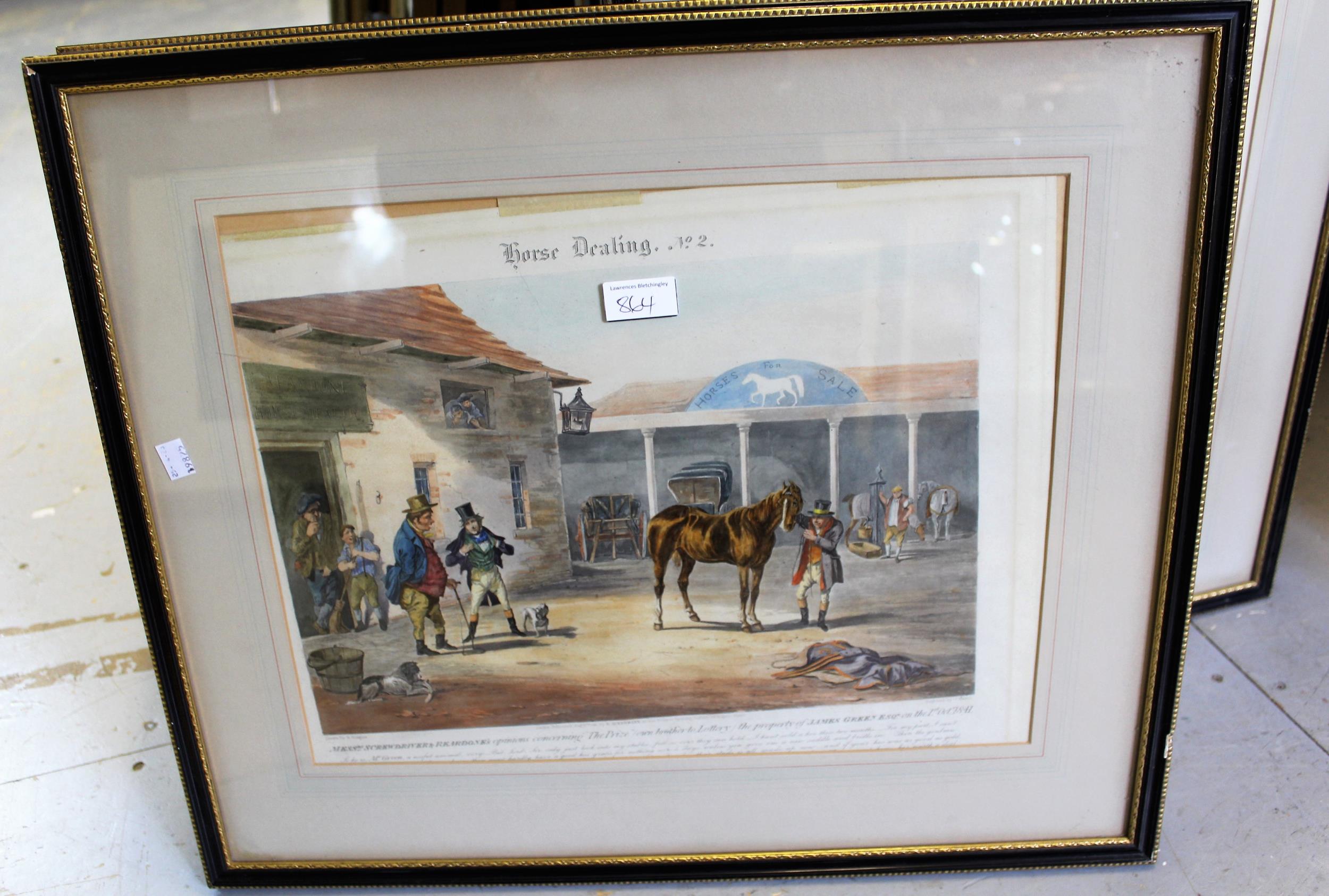 Pair of framed coloured engravings, titled ' Horse Dealing No. 1 and No. 2 ', engraved J. Harris, - Image 2 of 3