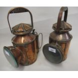 Pair of South Railway Eastleigh copper lamps with integral blue and red coloured glass indicators