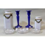 Set of six Val St. Lambert glass coasters, together with a pair of modern blue glass candlesticks