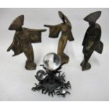 Set of three Japanese gilt patinated metal figures of geisha girls, together with a patinated