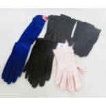 Pair of ladies French blue satin gloves together with sundry other ladies gloves