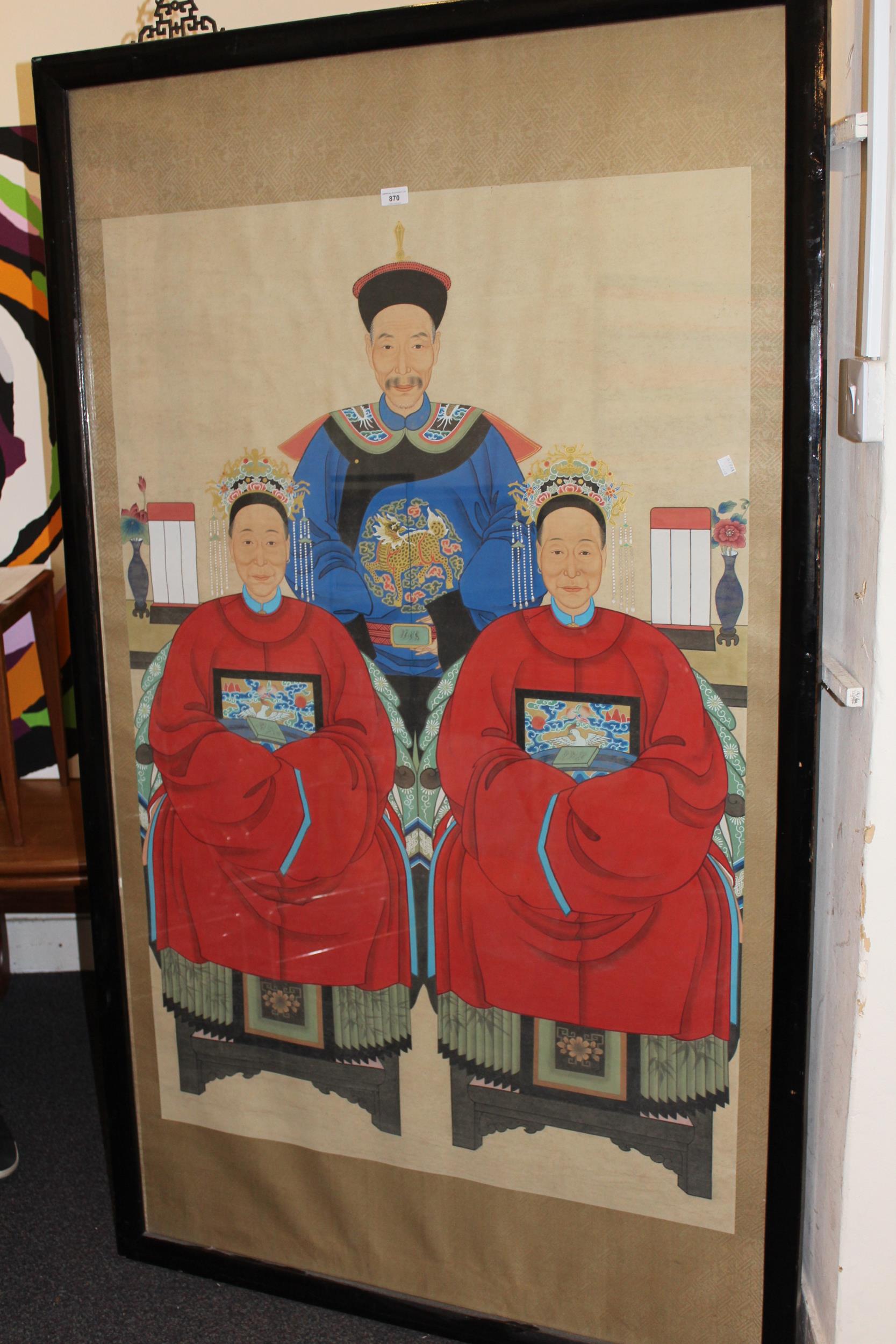 Large 20th Century Chinese ancestor picture in watercolour on paper applied to silk, 136cms x - Image 2 of 2