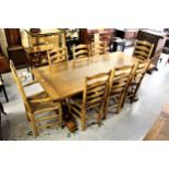 Good quality 20th Century oak refectory dining table, the plank top on twin turned end supports