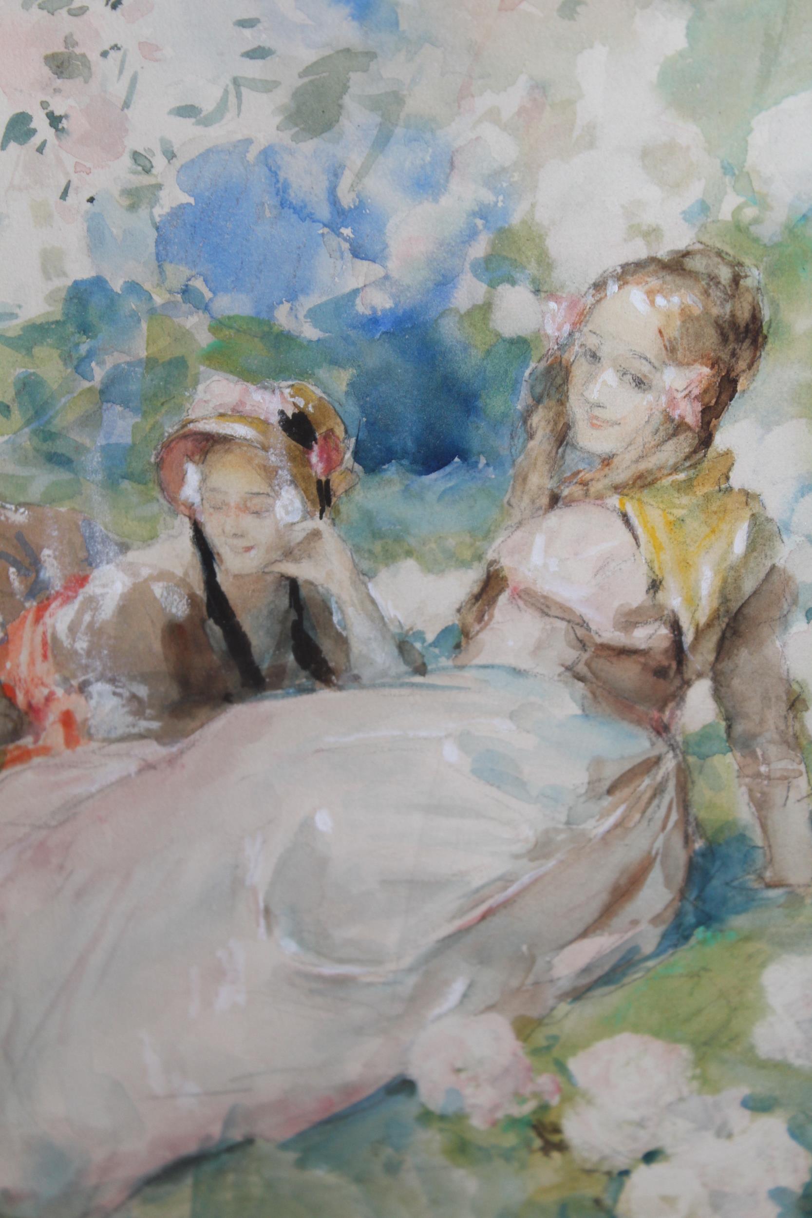 Antoine Calbet, signed watercolour and gouche, two young ladies resting in a garden landscape, 30cms