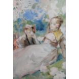 Antoine Calbet, signed watercolour and gouche, two young ladies resting in a garden landscape, 30cms