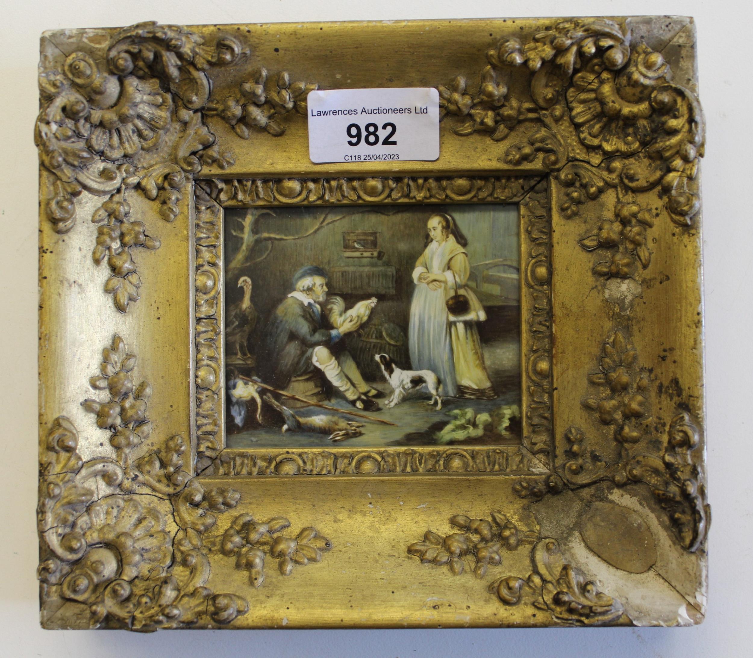 Antique miniature painting on opaque glass, study of a lady and gentleman with dog and game - Image 2 of 2